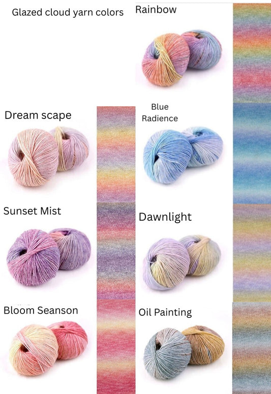 Yarn color swatches labeled with names such as Dreamscape, Blue Radiance, and Sunset Mist.